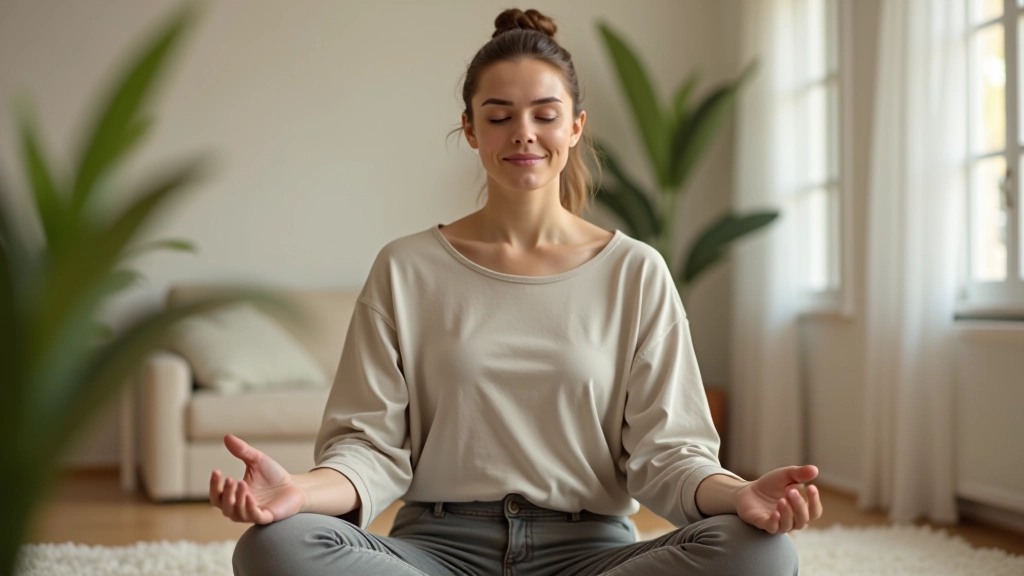Personne en méditation assise confortablement, environnement calme intérieur, lumière naturelle douce, expression sereine, ambiance zen