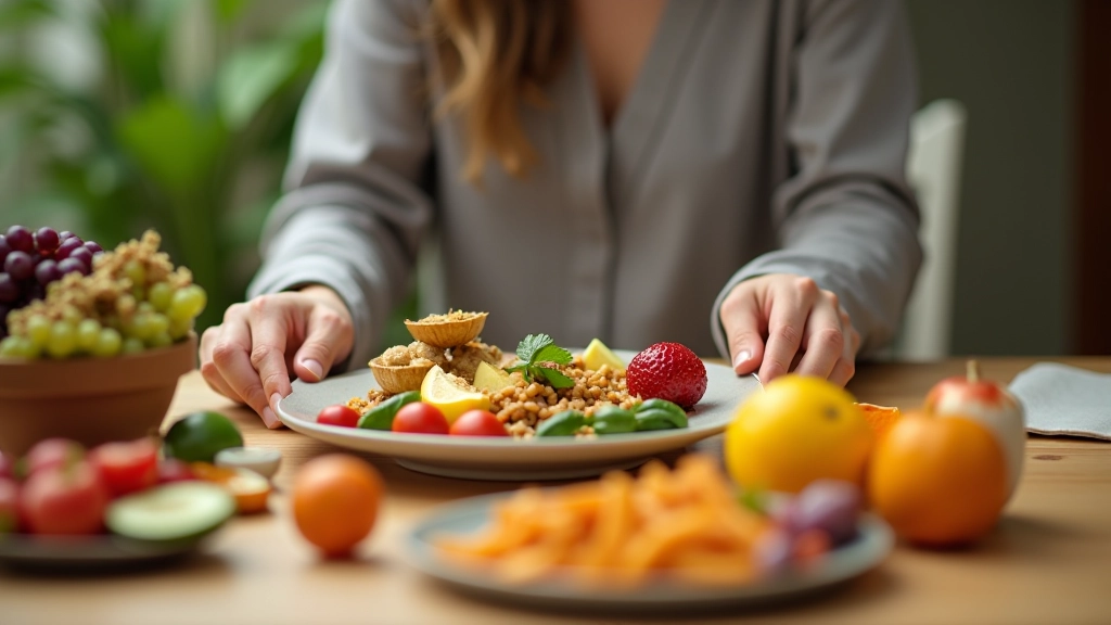 Table avec des aliments frais et colorés, assiette préparée avec soin, environnement calme pour manger consciemment