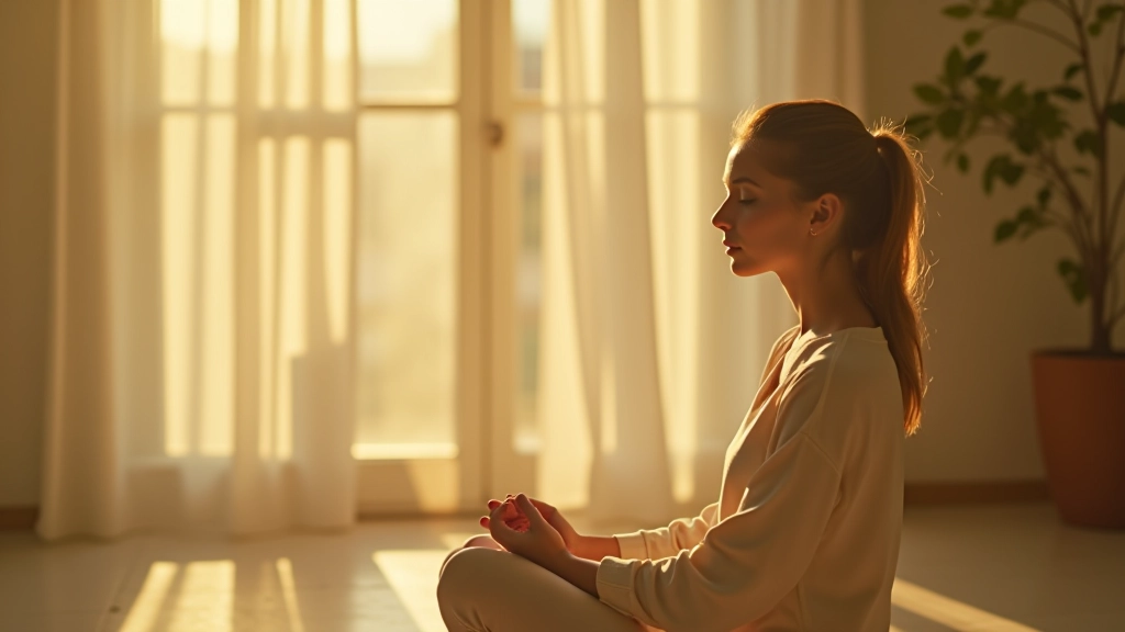 Vue d'une femme qui médite dans un espace lumineux, calme et paisible, yeux fermés en concentration