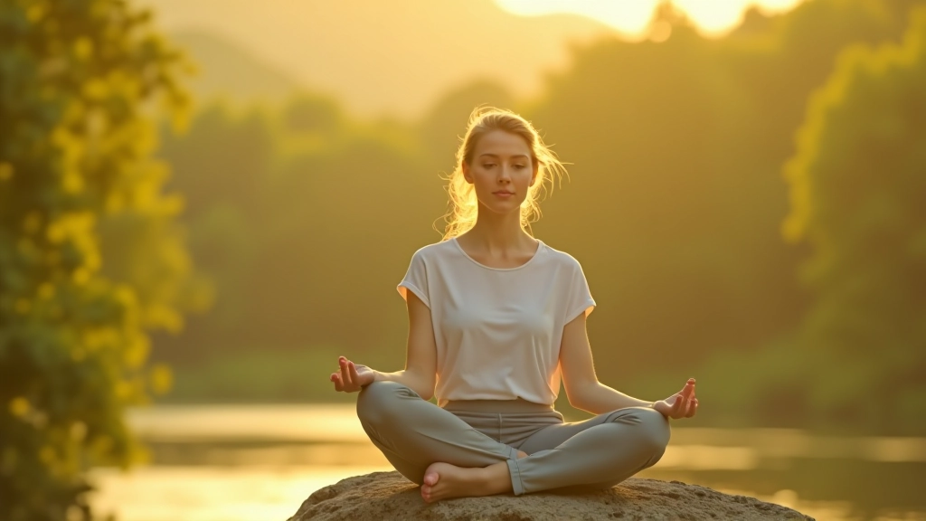 Femme en méditation dans la nature, assise sur un rocher, regard paisible, soleil du matin, environnement serein, mise au point nette